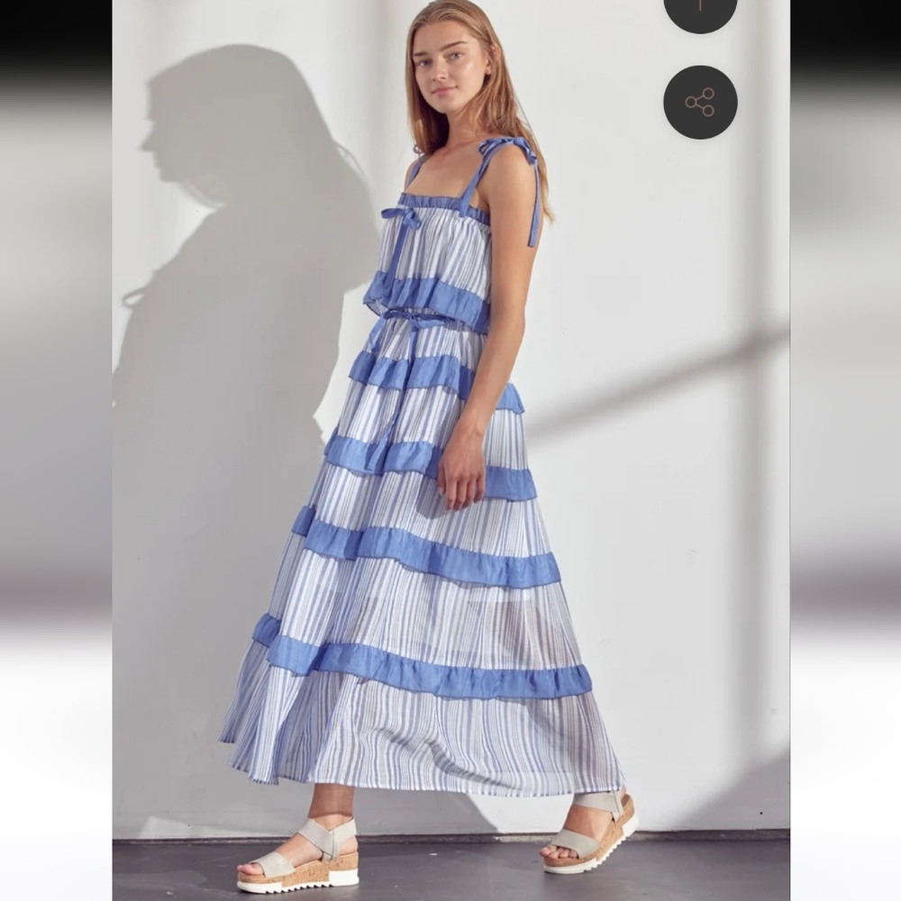 &Merci Blue and White Striped Maxi Dress Sz L